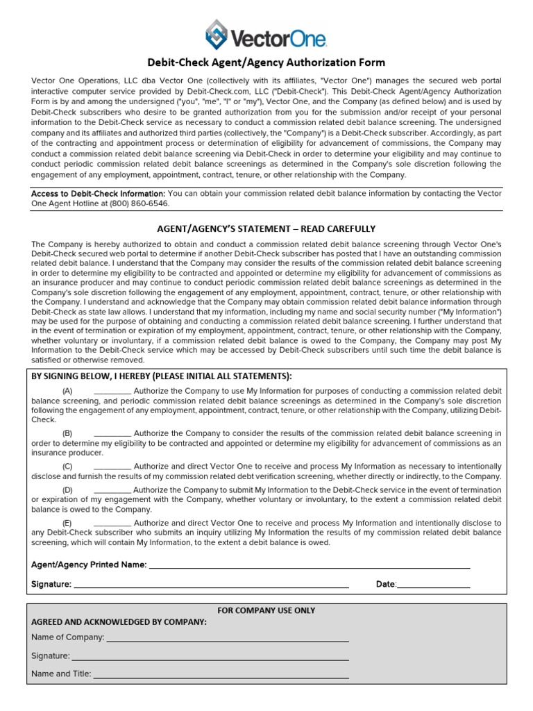 Debit-Check Agent Agency Authorization Form | PDF | Debits And Credits ...