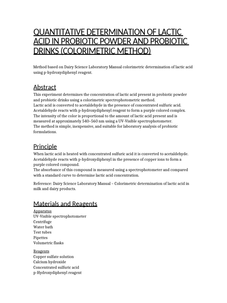 Lactic Acid Probiotic Vial Colorimetric Method Research | PDF ...