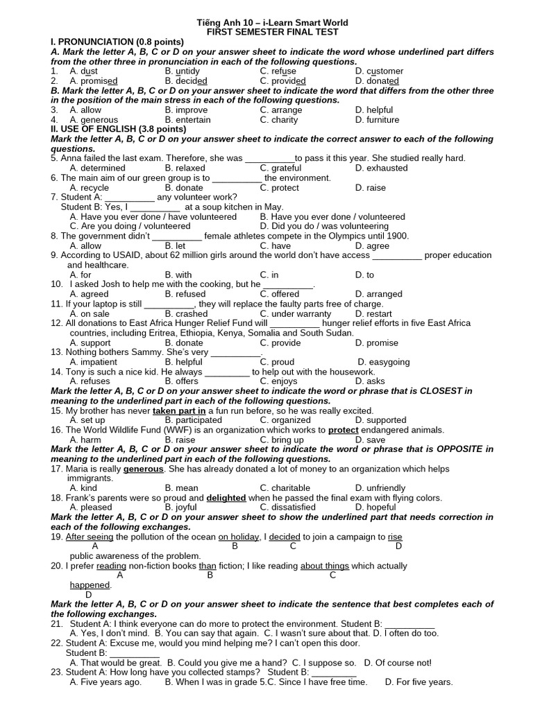 Smart World 10 - First Semester - Final Test | PDF | Rosa Parks