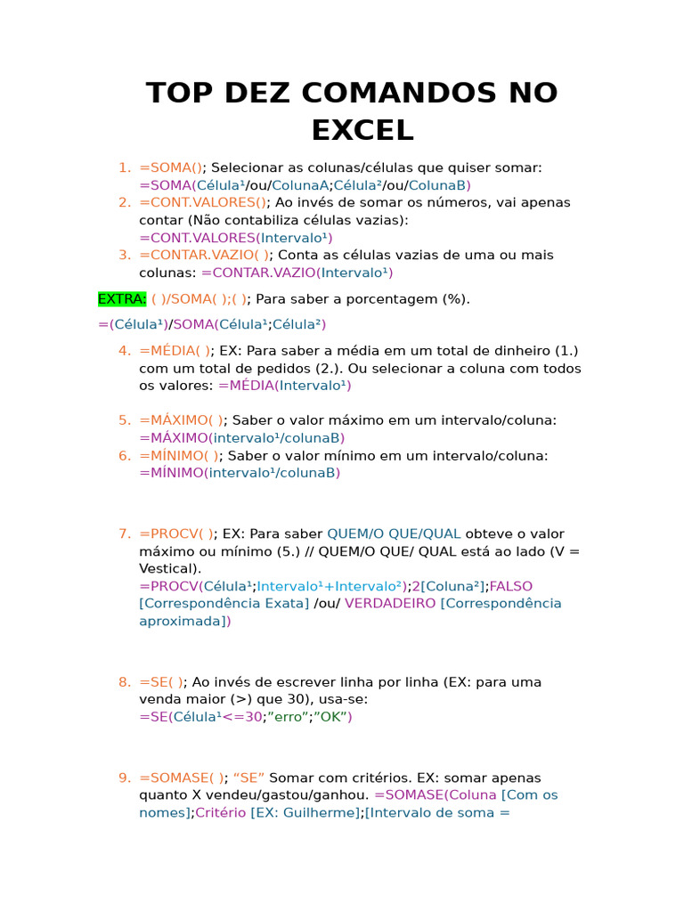 Top 10 Comandos - Excel | PDF