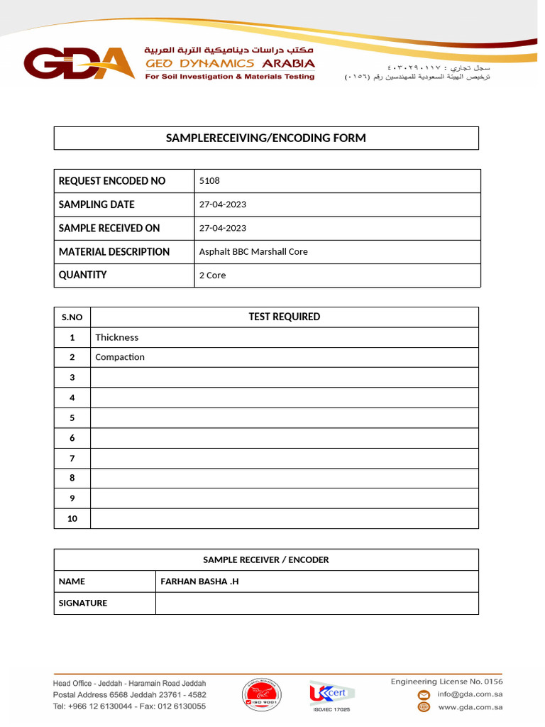 Samplereceiving/Encoding Form: Request Encoded No Sampling Date Sample ...