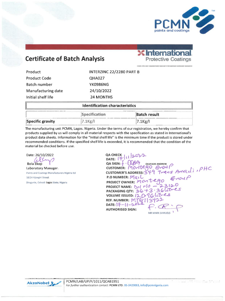 INTERZINC 22 Part B YK0986NG Batch Certificate | PDF