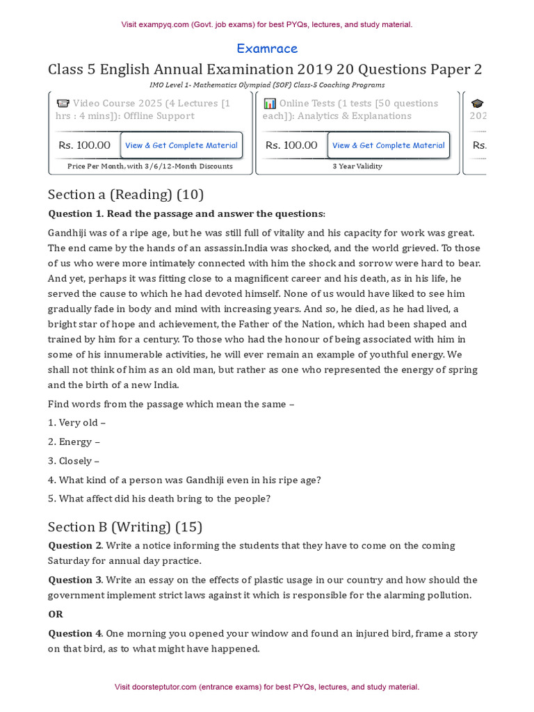ICSE Class 5 English Sample Paper 2 | PDF | Linguistics | Grammar
