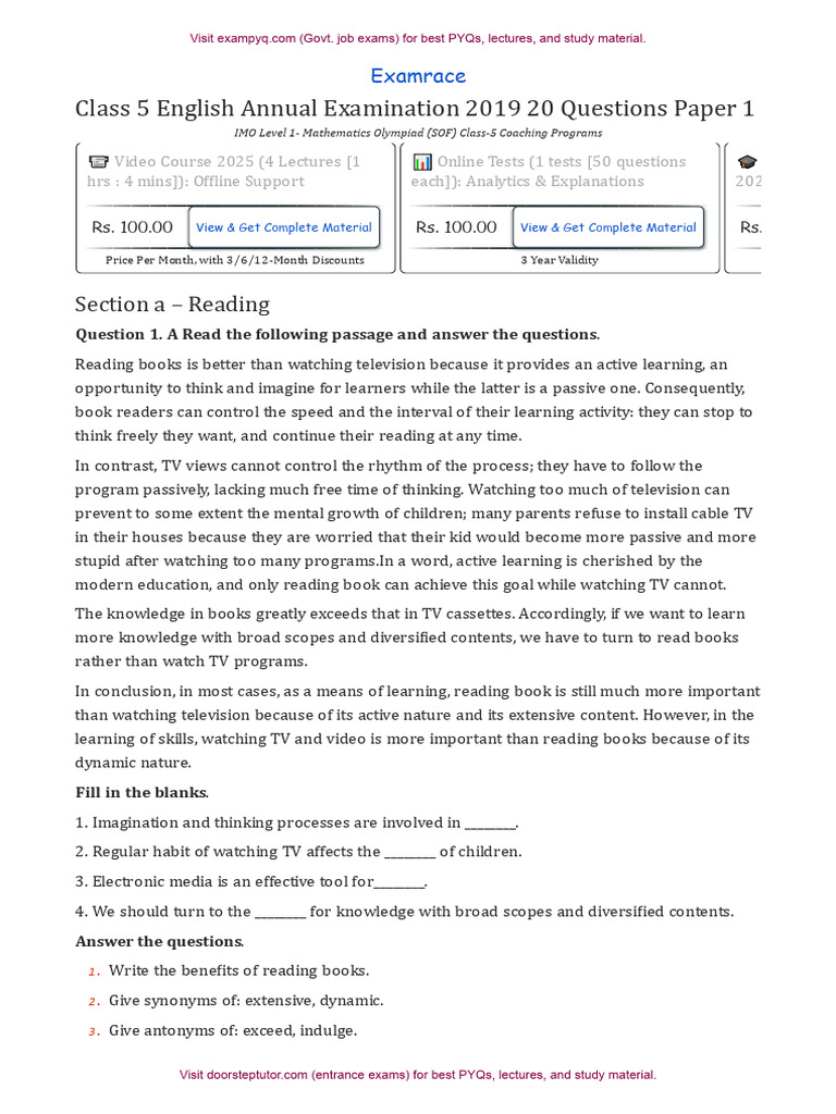 ICSE Class 5 English Sample Paper 1 | PDF | Learning | Linguistics