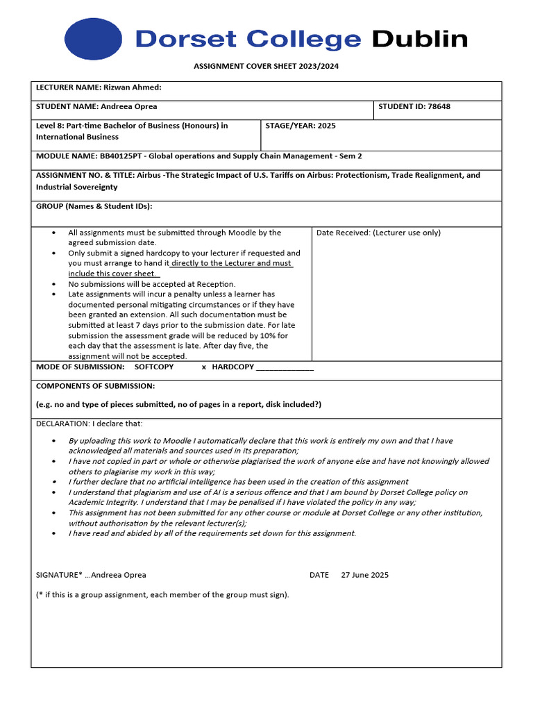 Assignment Cover Sheet AIRBUS SCM | PDF | Plagiarism
