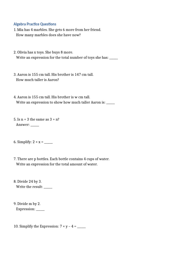 Algebra - Practice - Questions PH Lesson 1 | PDF