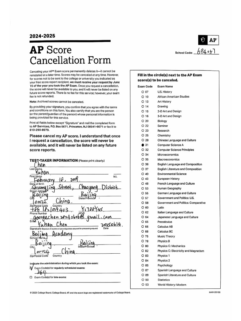 AP - Score Cancellation Form | PDF