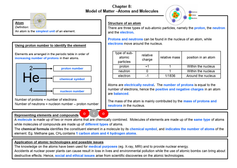 Chapter 8 Atoms and Molecules Summary Notes | PDF | Atoms | Proton