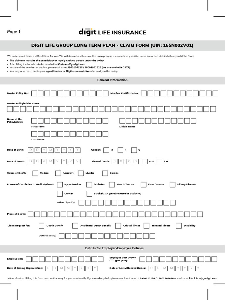 Digit Life Group Long Term Plan Claim Form | PDF | Insurance | Life ...