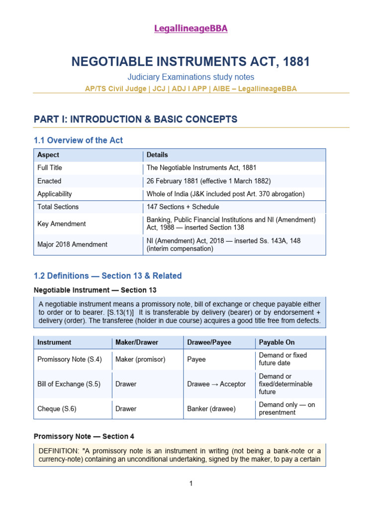 NI Act Judiciary Notes | PDF | Negotiable Instrument | Cheque
