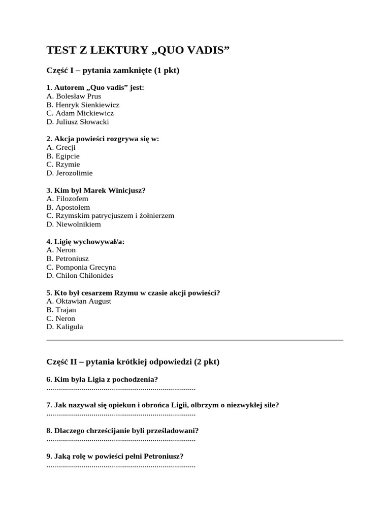 Test Z Lektury Qou Vadis | PDF