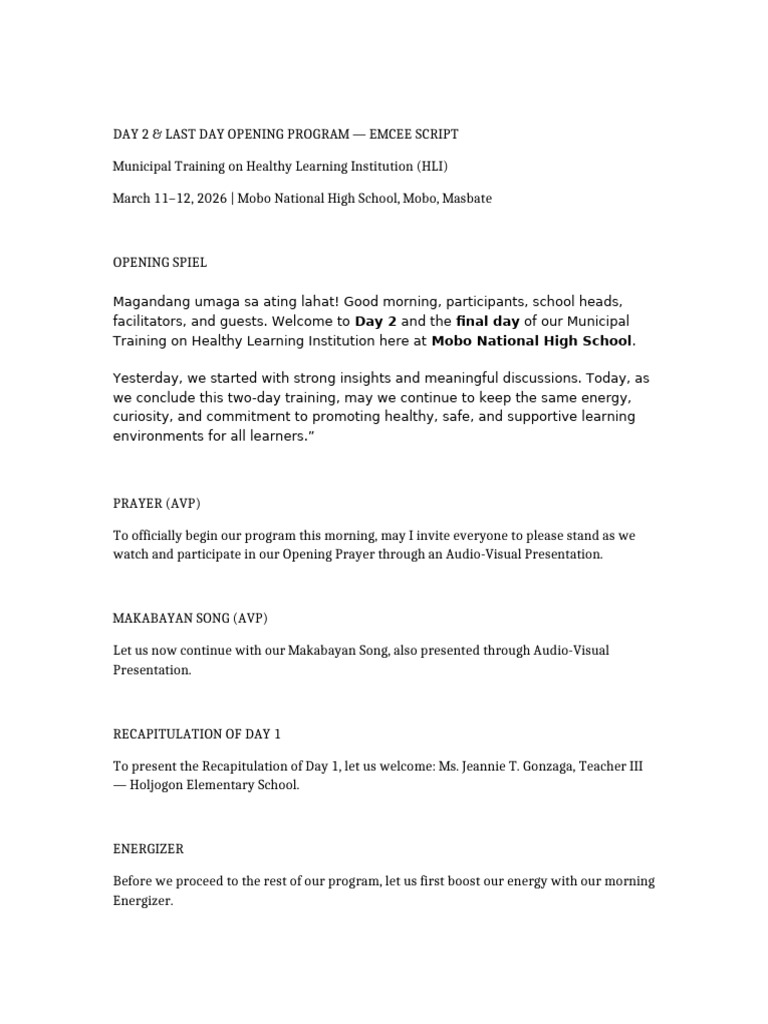 Day2 Opening Program Emcee Script | PDF