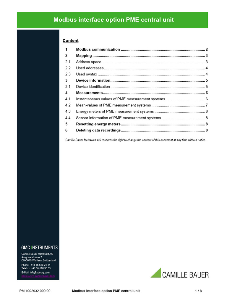 Modbus Interface Option PME Central Unit | PDF