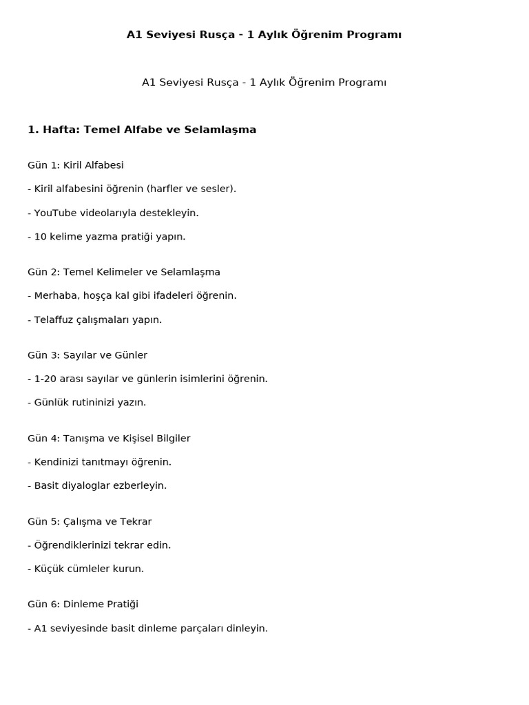 A1 Seviyesi Rusca Programi | PDF