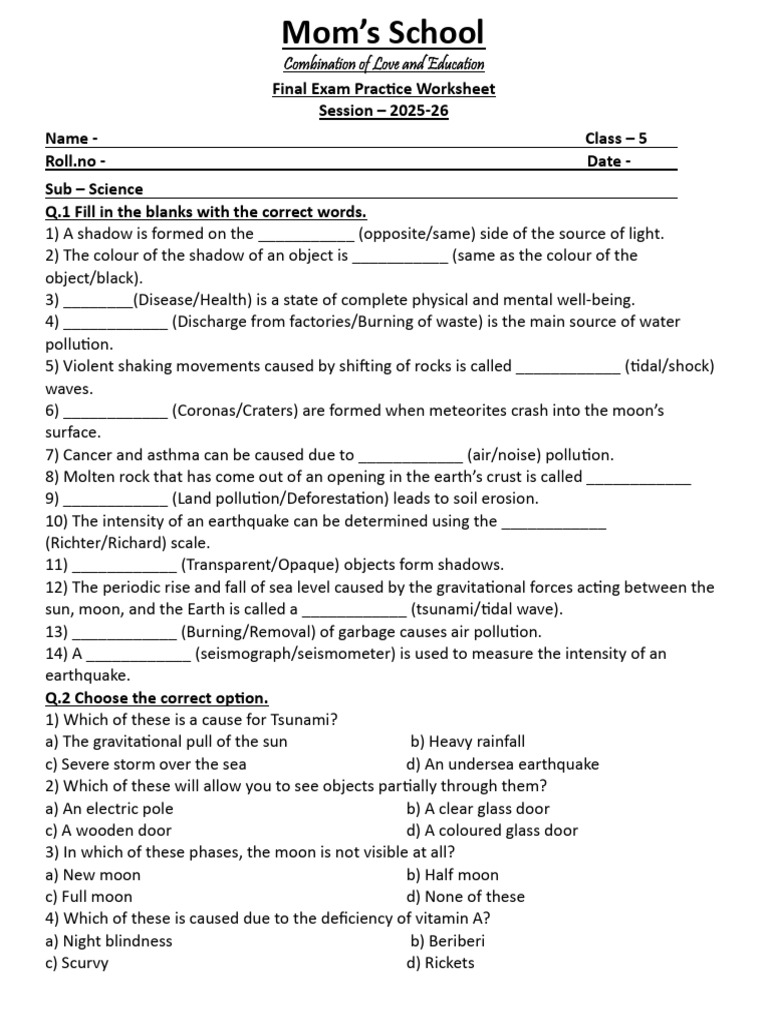 Science Practice Worksheet (Class-5) 2025-26 | PDF