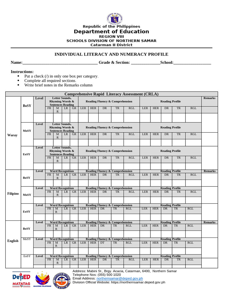 Crla Rma Individual Literacy and Numeracy Profile | PDF | Human ...