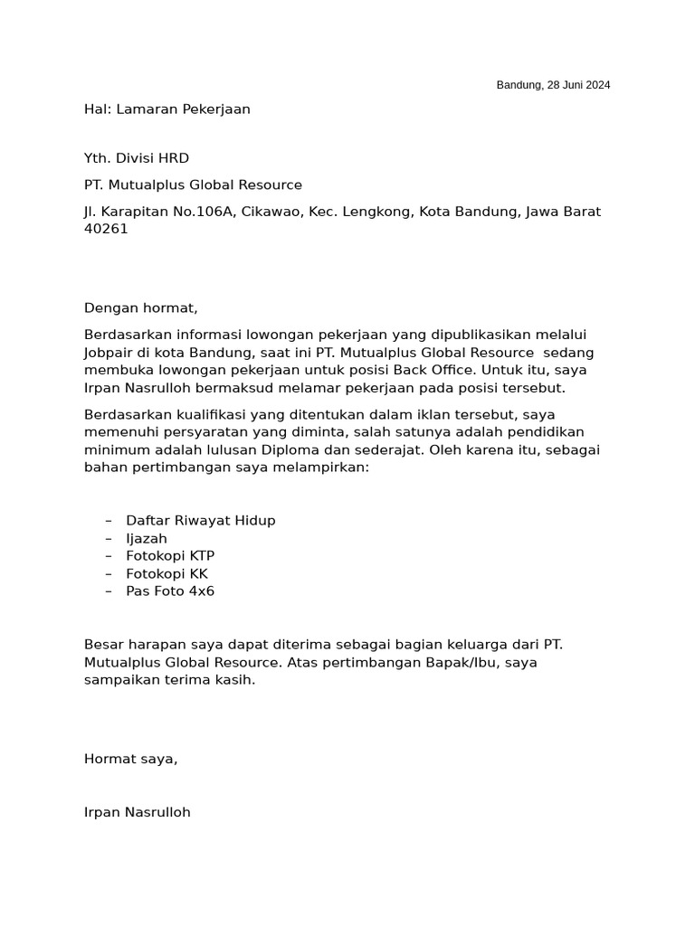 Surat Lamara Irpan Nasrulloh PT Prima | PDF
