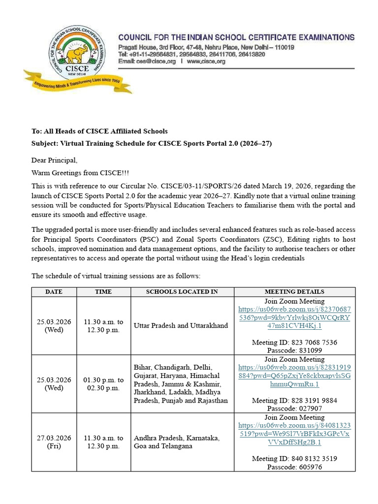 Virtual Training Schedule For CISCE Sports Portal 2.0 (2026-27) - BB | PDF