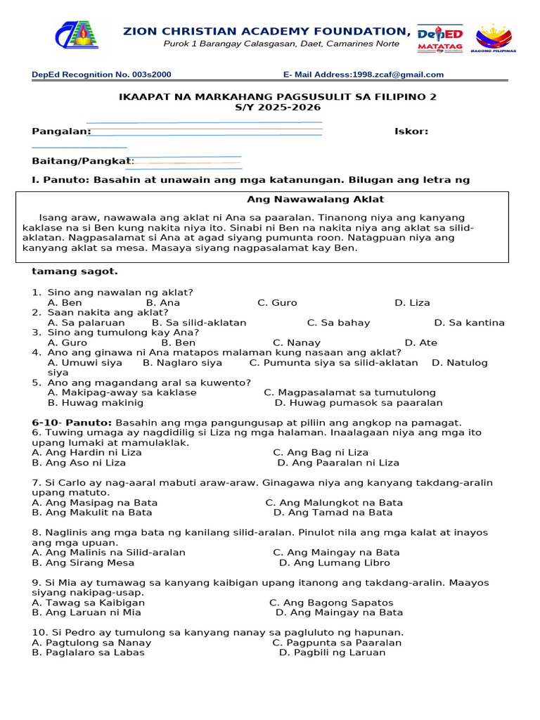4th Periodical Test in FILIPINO | PDF