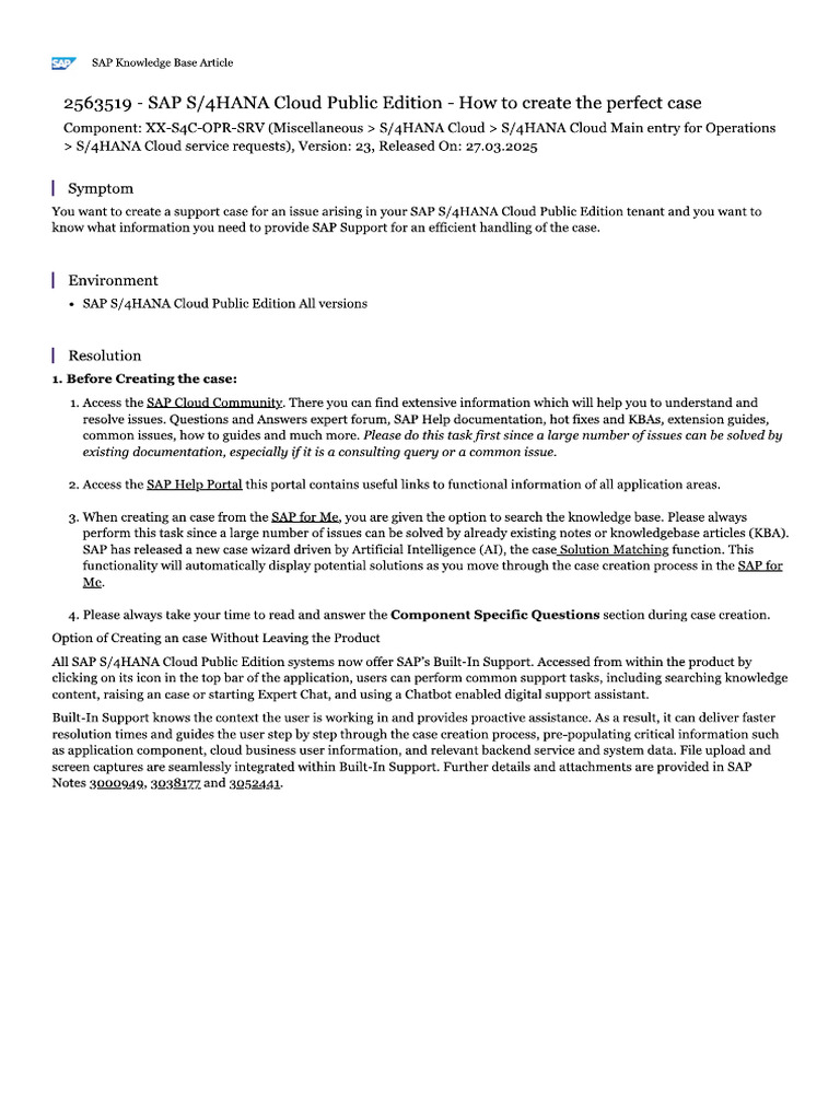 SAP S4HANA Cloud Public Edition - How To Create The Perfect Case | PDF