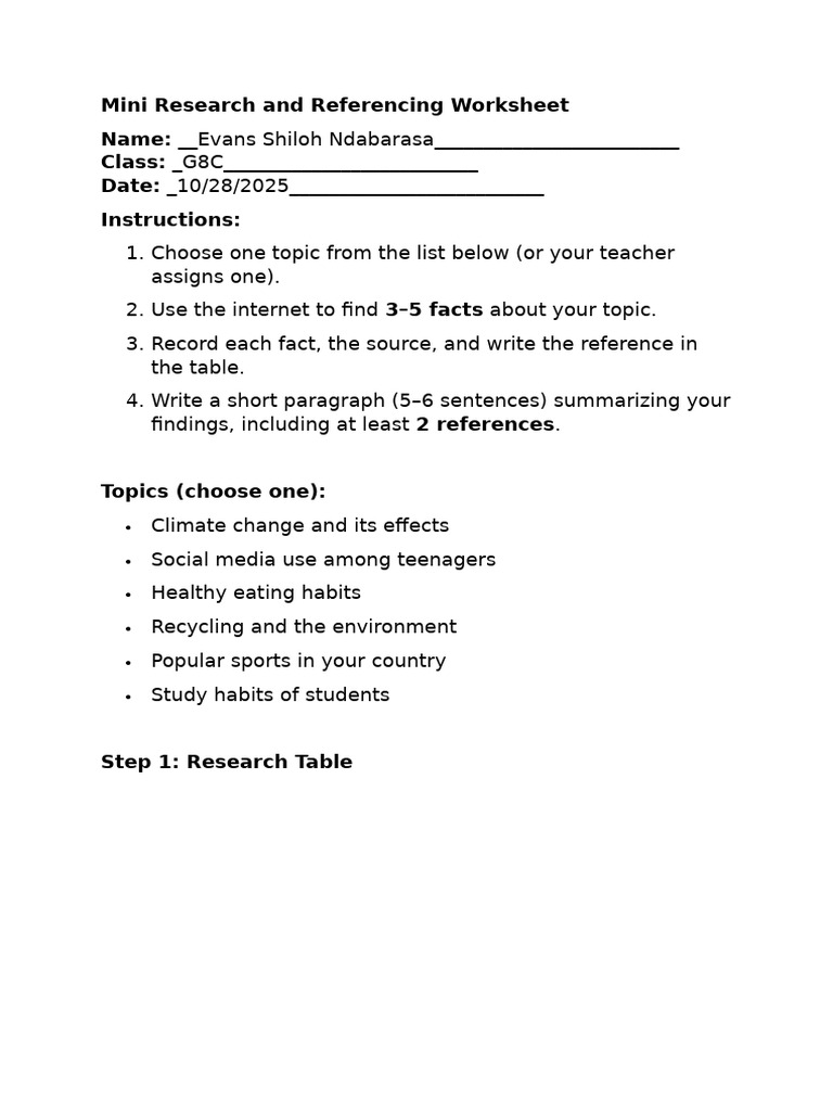 Mini Research and Referencing Worksheet G8 | PDF