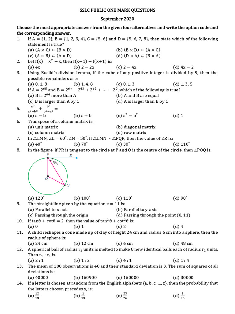SSLC Public One Mark Questions With Answers | PDF