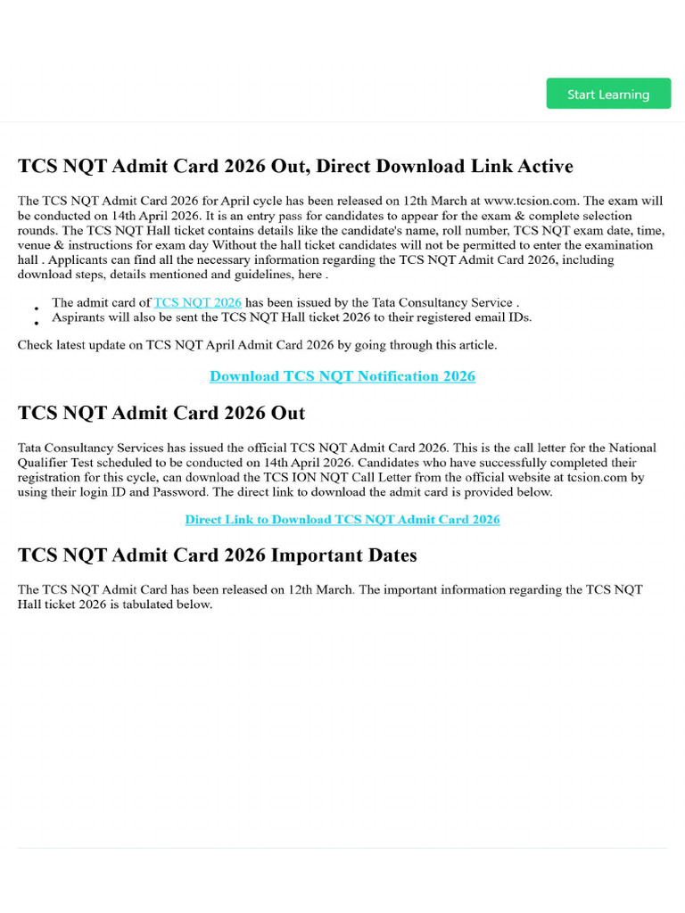 TCS NQT Admit Card 2026 Out, Direct Download Link Active | PDF