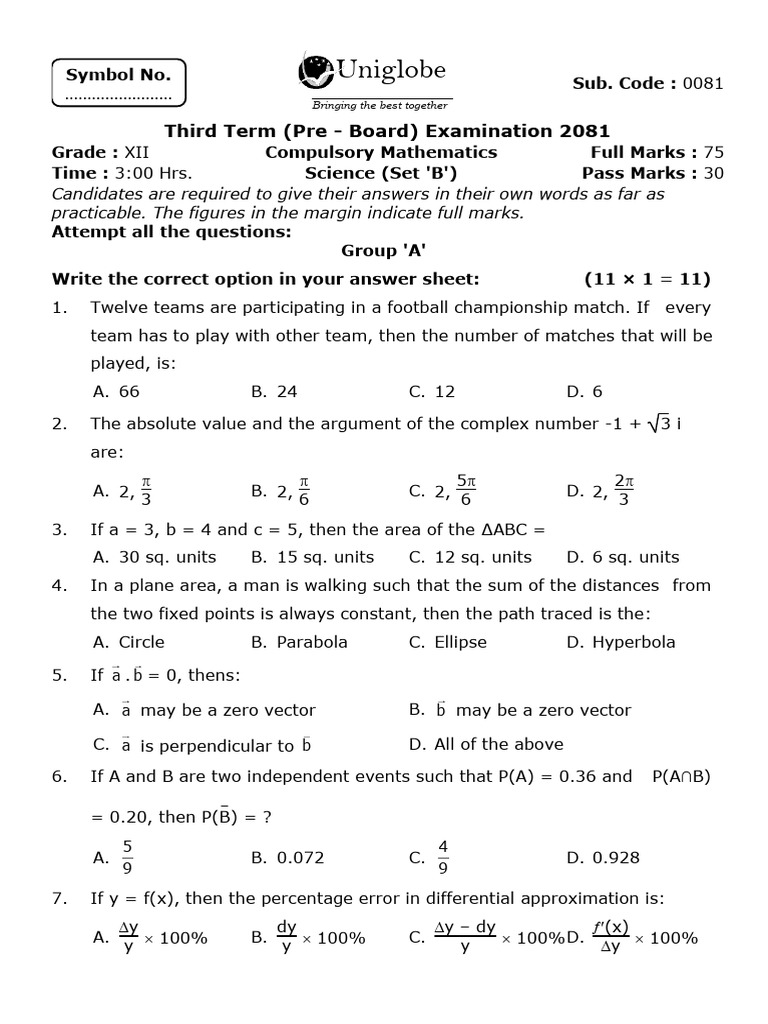 Pre Board Math B | PDF