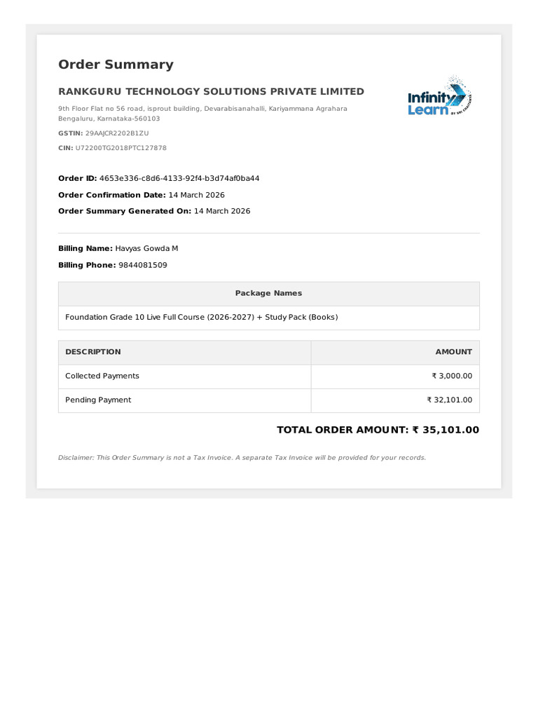 Order Summary: Rankguru Technology Solutions Private Limited | PDF