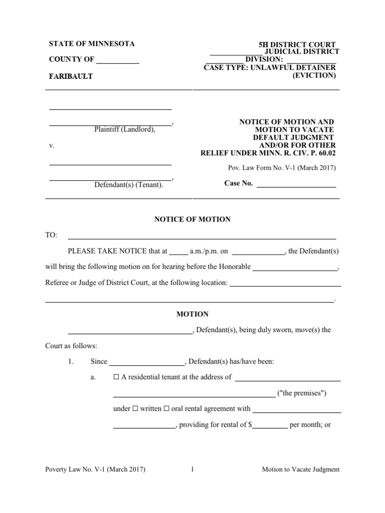 Rule 60.02 Motion To Vacate Judgement 4 | PDF | Default Judgment ...