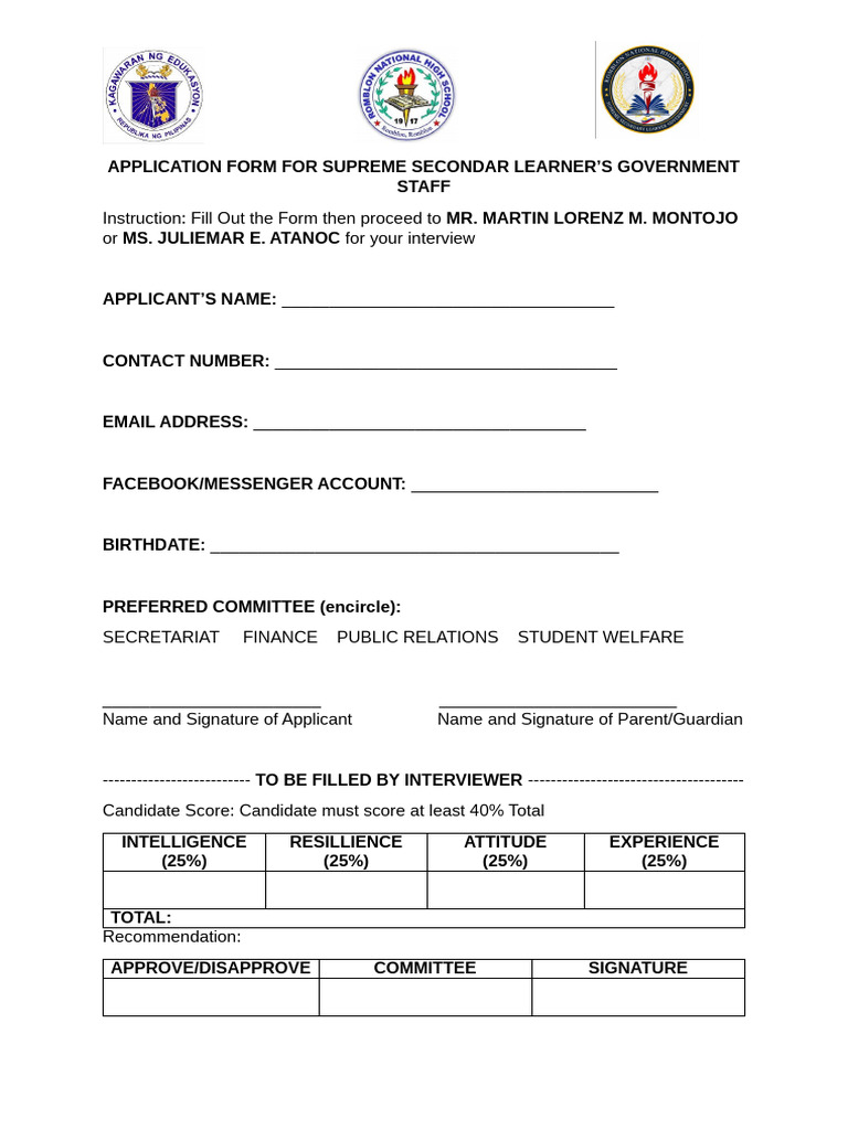 Application For SSLG Staff | PDF