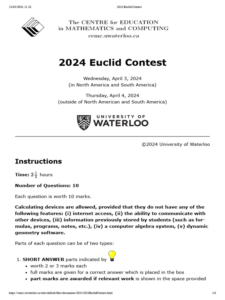 2024 Euclid Contest | PDF | Mathematics | Elementary Mathematics