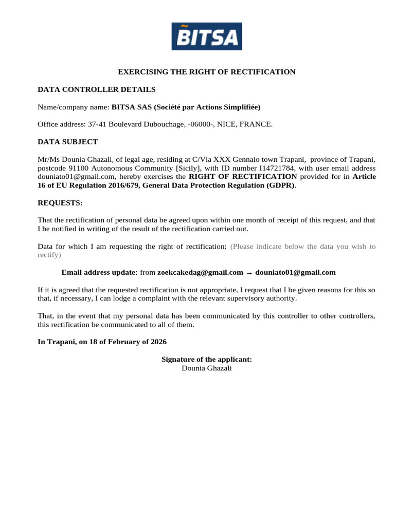 Bitsa - Right To Rectify Form | PDF