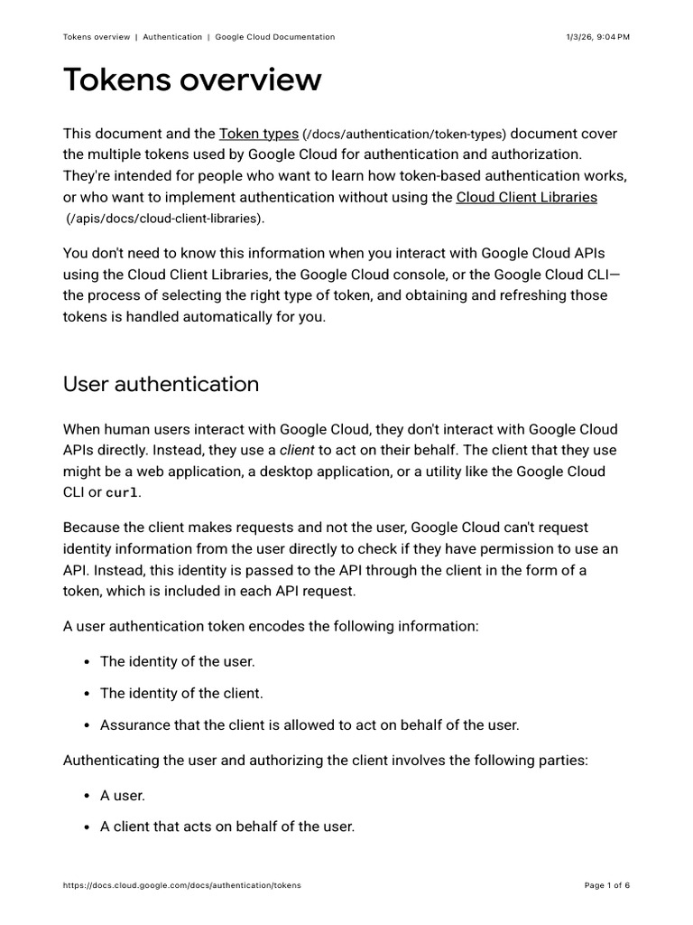 Tokens Overview - Authentication - Google Cloud Documentation | PDF