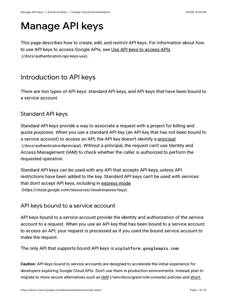 Manage API Keys - Authentication - Google Cloud Documentation | PDF