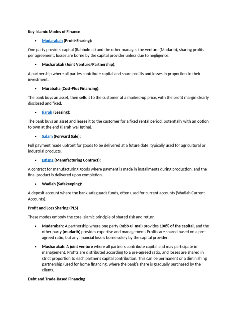 Key Islamic Modes of Finance | PDF | Islamic Banking And Finance ...