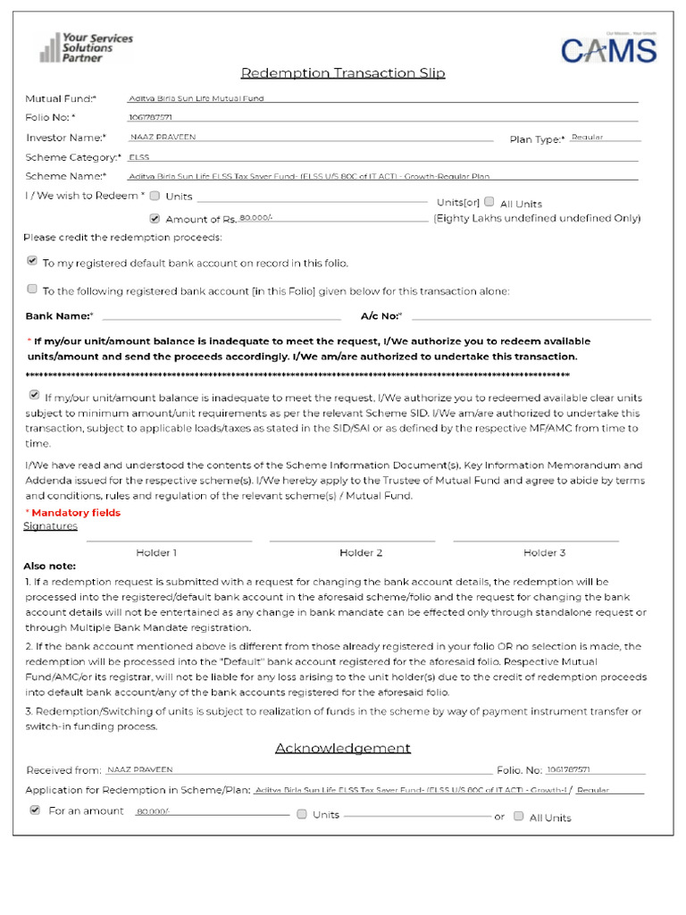 Redemption Transaction Slip | PDF