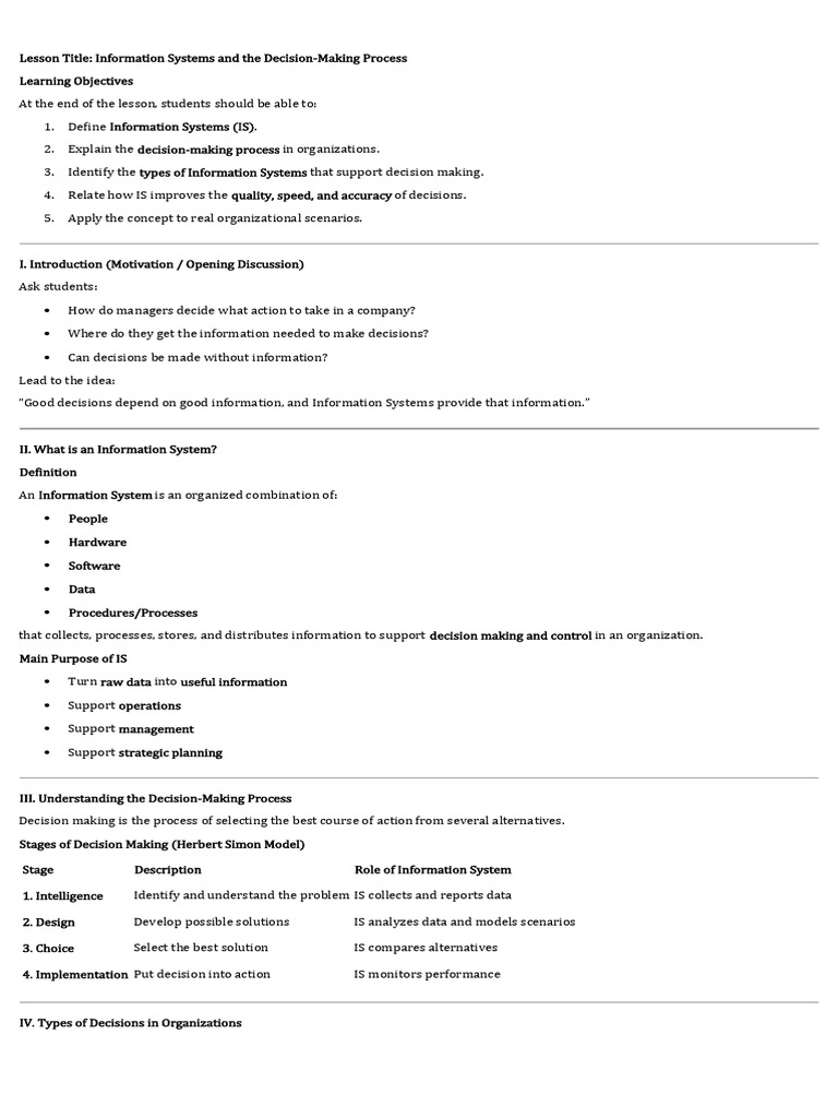 Lesson 5 Information Systems and The Decision Making Process | PDF ...