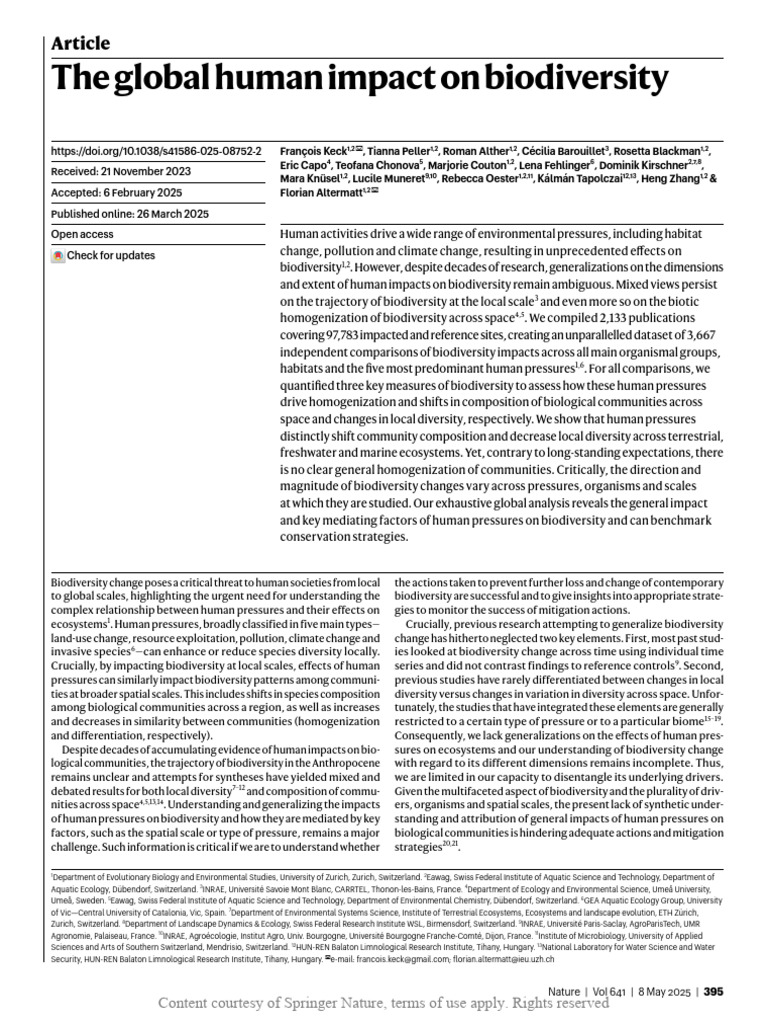 The Global Human Impact On Biodiversity | PDF