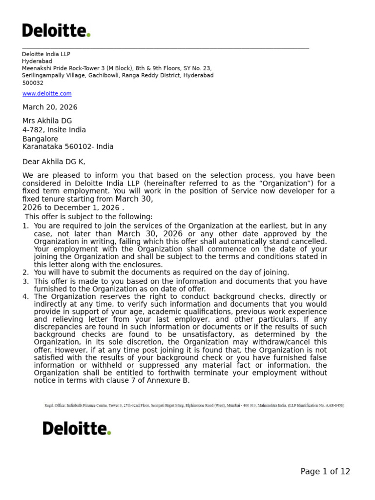 DG Akhila Deloitte Offer Letter | PDF | Employment | Audit