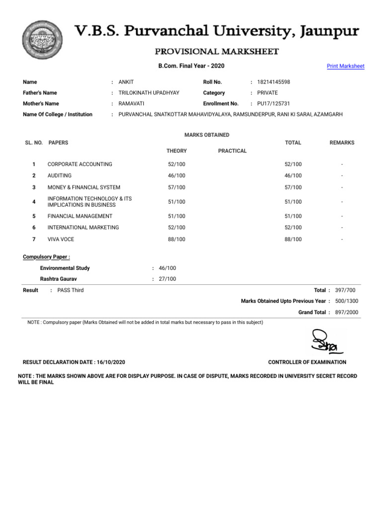 Avspu Ankit Bcom Result | PDF