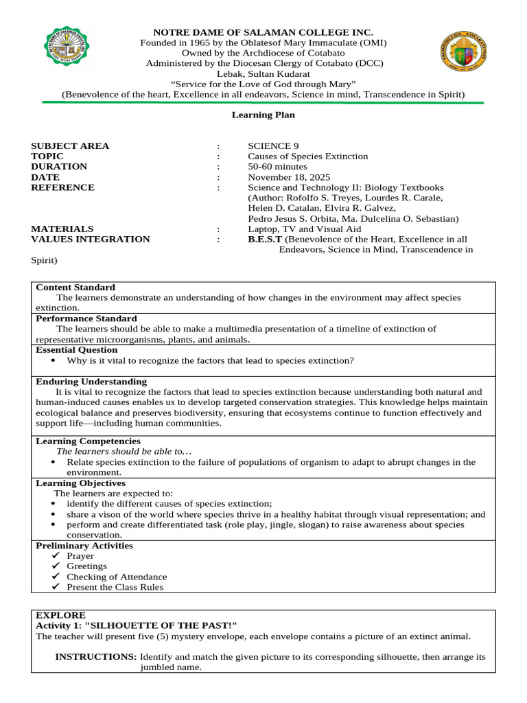 LESSON PLAN - Causes of Species Extinction | PDF
