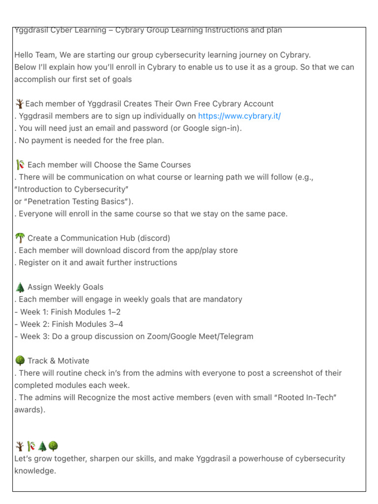 Yggdrasil Cyber Learning - Cybrary Group Learning Instructions and | PDF