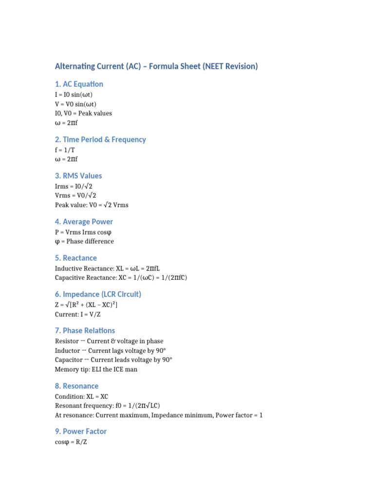 AC Formula Sheet | PDF