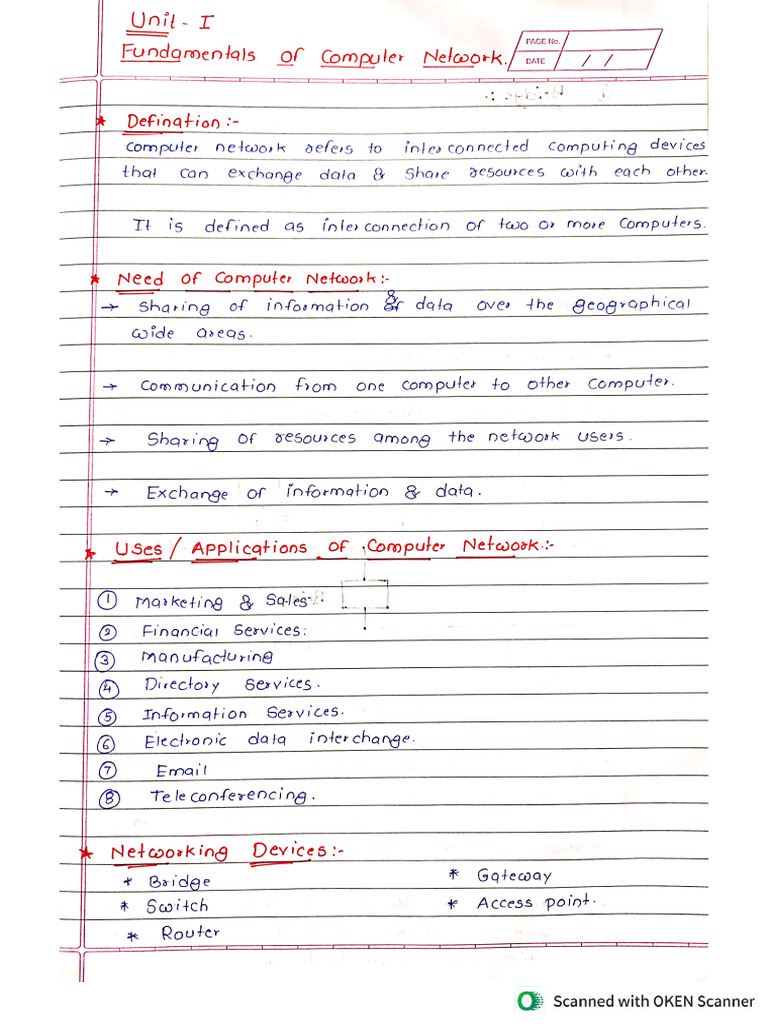 Unit I Fundamentals of Computer Networks Handwritten Notes | PDF