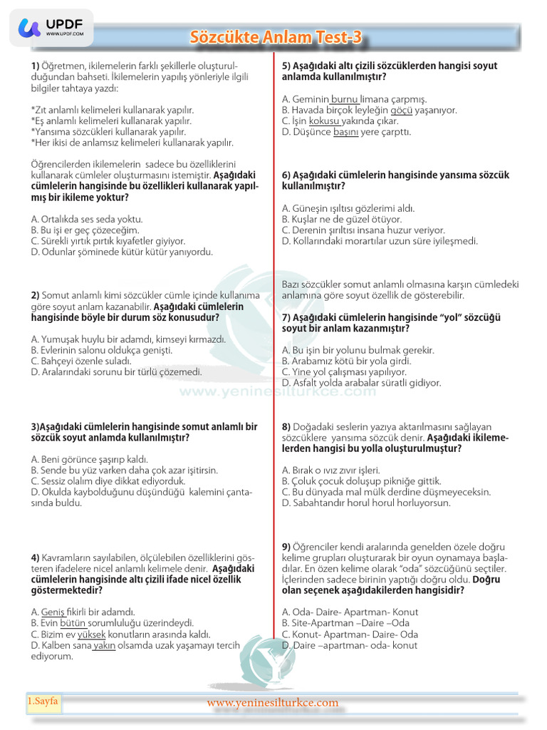 Türkçe Testleri | PDF
