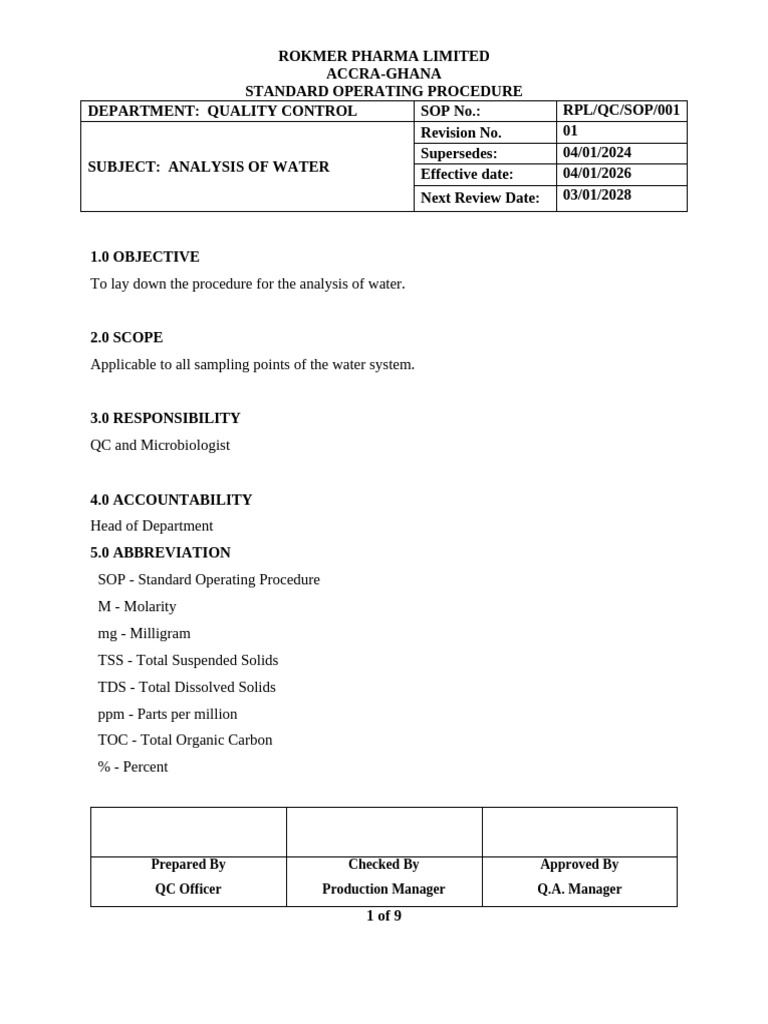 SOP For Analysis of Water | PDF