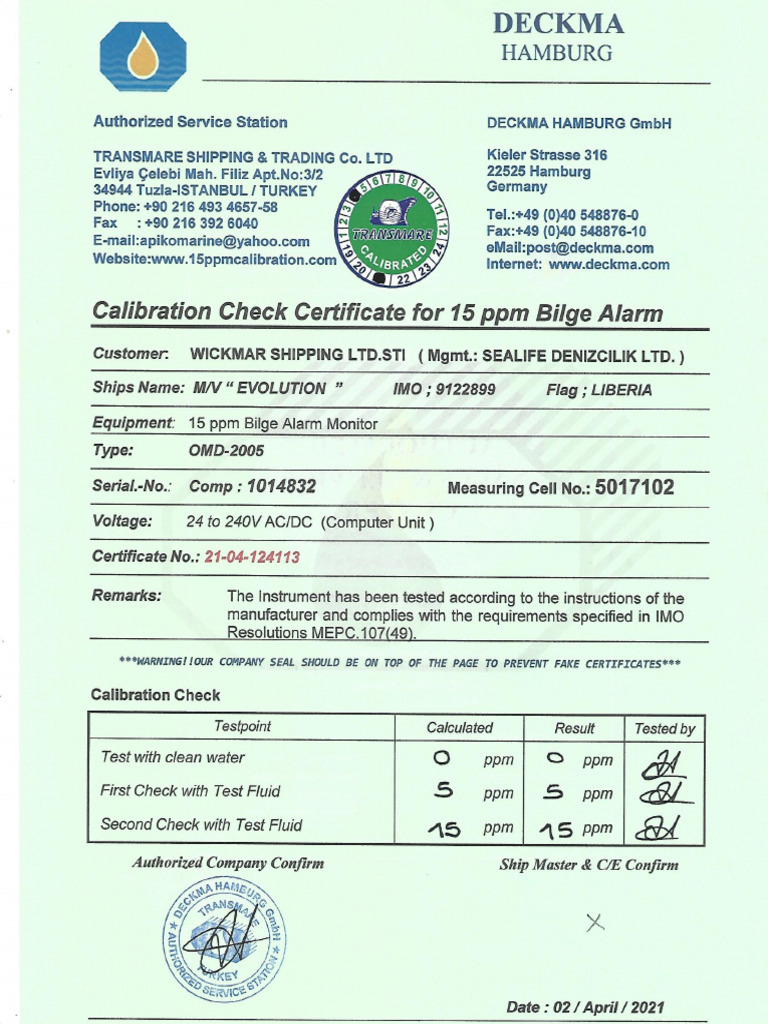 37.calibration Check Certificate For 15 PPM Bilge Alarm | PDF