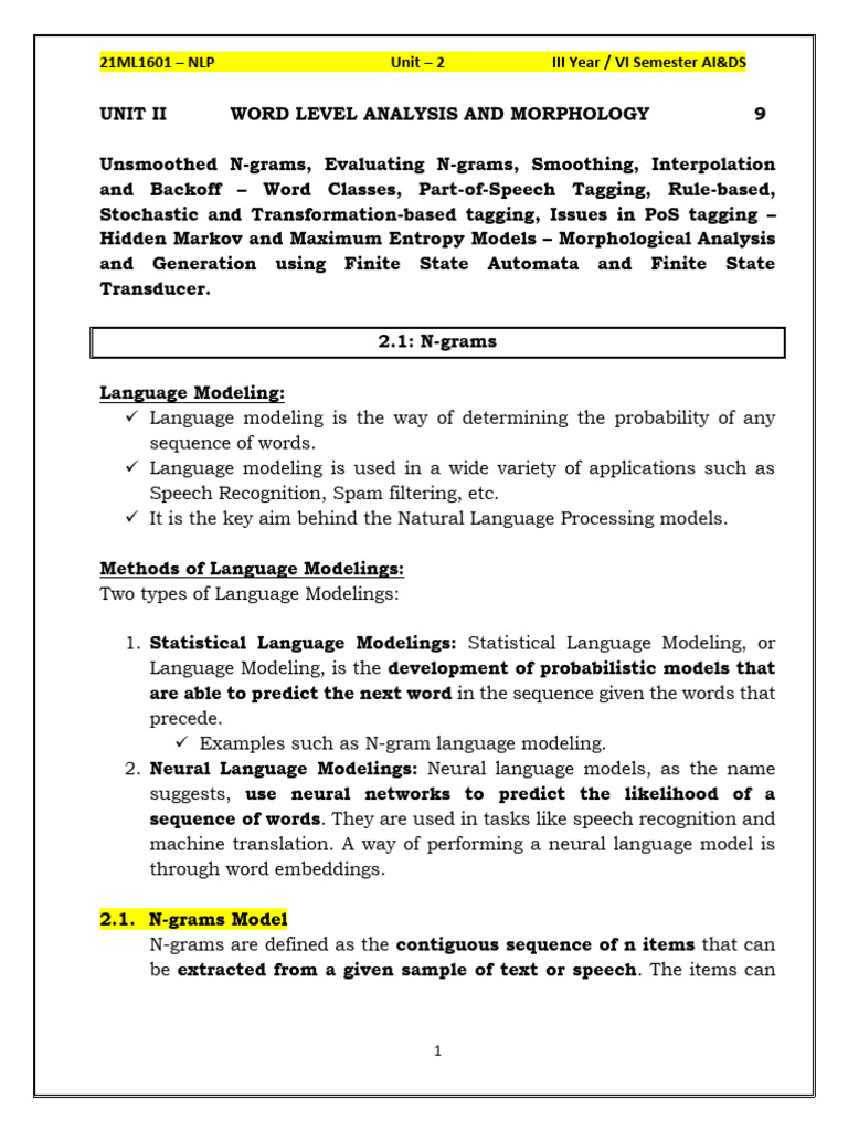 NLP - Unit 2 Notes | PDF