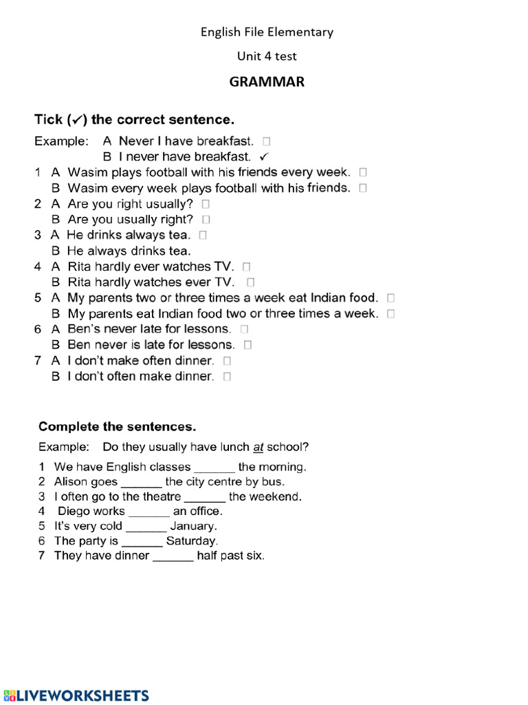 Elementary Test 4 | PDF